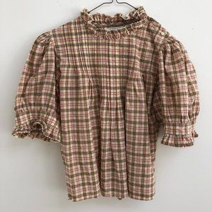 Doén Darien puff sleeve top in Austen pink plaid